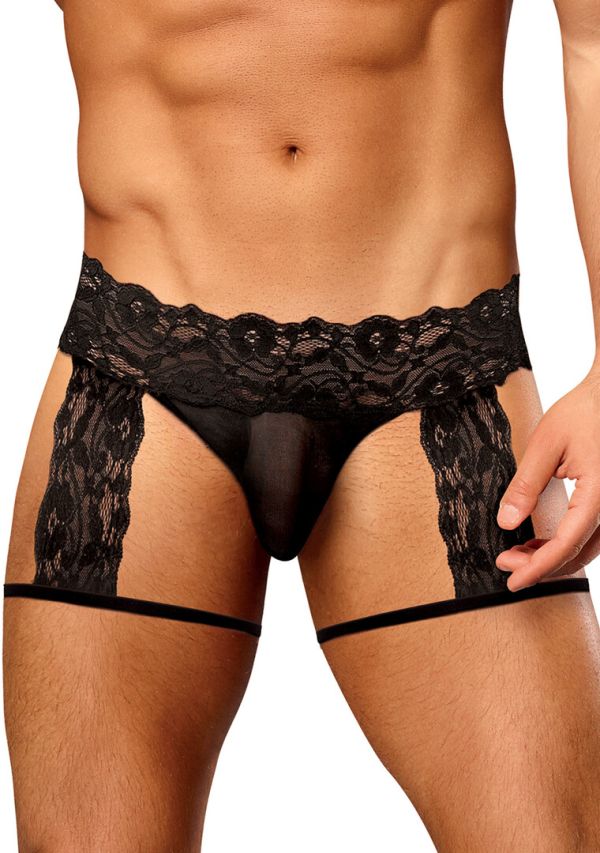 Male Power zwarte kant garterslip met G-string