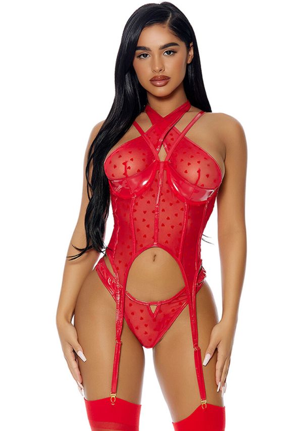 Forplay Mesh Vinyl Bustier Jarretels Strepen