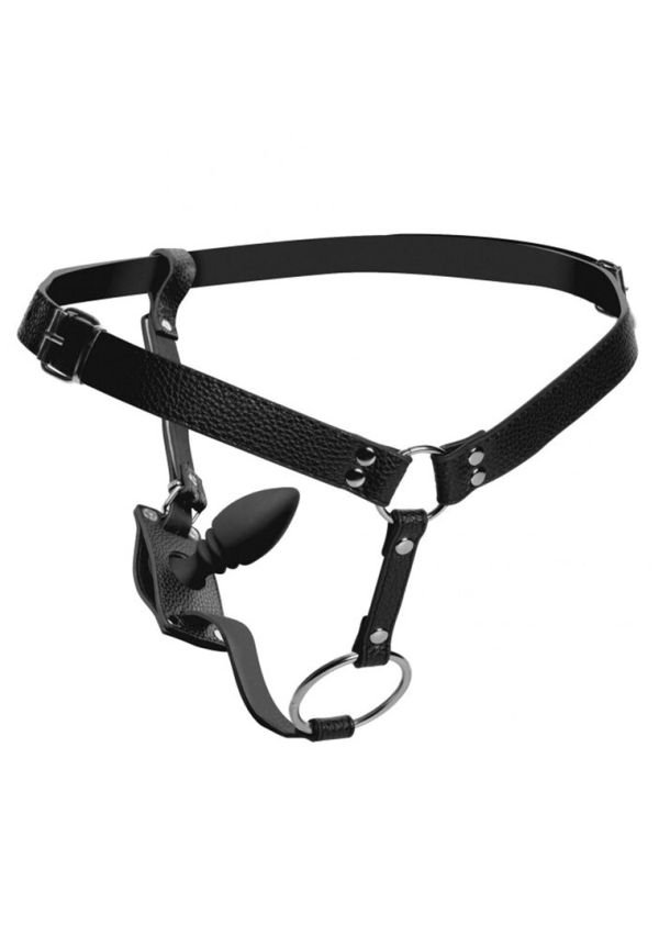 XR Brands dubbele sensatie harnas, metaal ring en siliconen plug