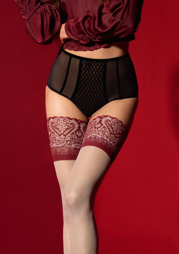 Fiore Hosiery Arabesque Hold-Ups met exotische kanttop, rode patronen, 20 den