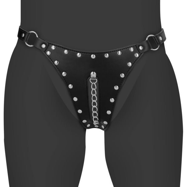 Ouch! PU Leer Kuisheid Tanga met Stalen Ketting