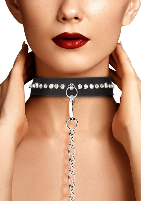 Ouch! Zwarte Diamond Gemonteerde Halsband en Lood Set