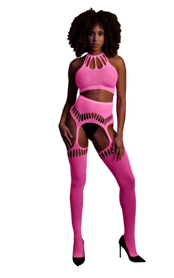 Ouch! Halter Croptop met Jarretelgordel en Kousen