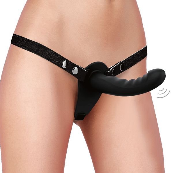 Ouch! Dual vibrerende oplaadbare geribde strap-on, 10 snelheden, zwart